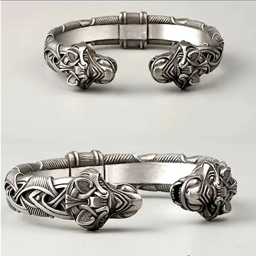 Silver Wolf Head Viking Norse Knotwork Cuff Bangle Bracelet